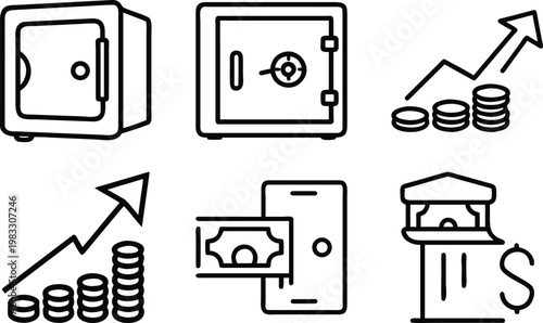 Financial security and investment icons shield diamond bank safe credit card.