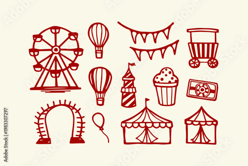 Fairground and carnival elements hand drawn collection with ferris wheel hot air balloon circus tent amusement park theme park carnival games food stall fairground balloons