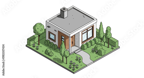 Small house with green yard and trees.