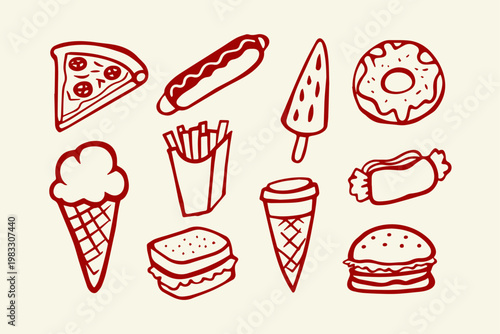 Fast food and treats hand drawn icons collection with hot dog ice cream french fries junk food comfort street sandwich appetizing delicious restaurant takeaway nutrition