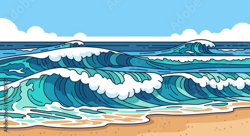 Waves on sandy beach shore line.