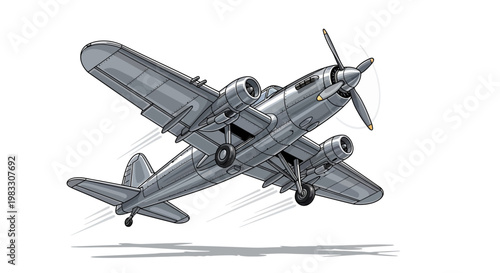 Vintage Military Airplane Taking Off.