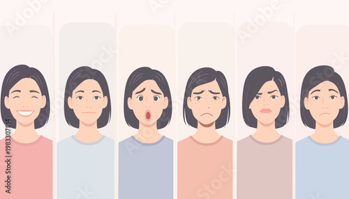 Illustration of a woman showing various emotions in different colored shirts