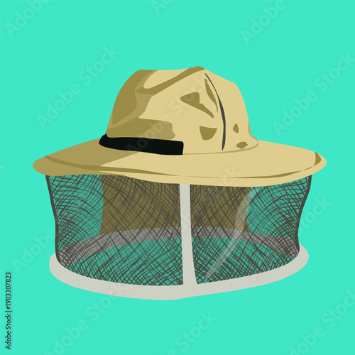 Beekeeping hat with protective net in flat style for apiary theme