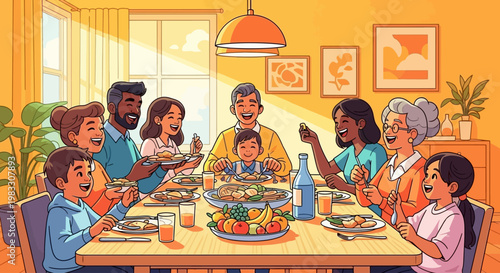 Diverse family having dinner together.