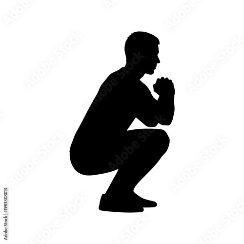 Silhouette of a man in a deep squat position, viewed from the side, with hands clasped in front, demonstrating a fundamental exercise.