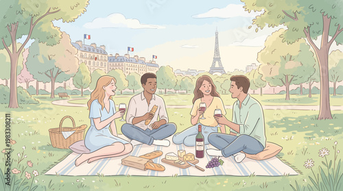 Friends having a picnic with food and drinks in a park near Eiffel Tower