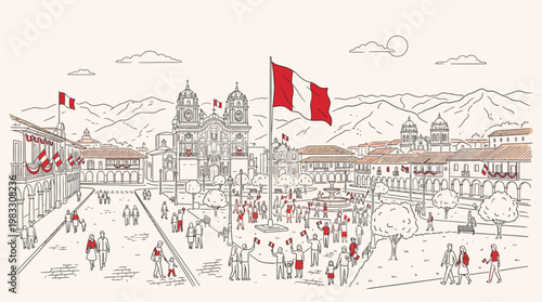 Peruvian people celebrate with flags in front of historic buildings and mountains.