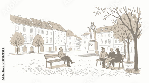 People sitting on benches in a city square with buildings and trees
