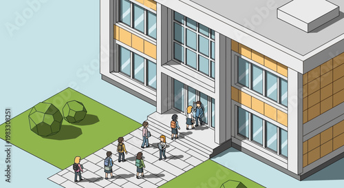 People walking on office building steps.