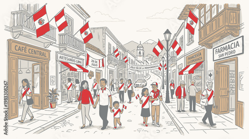 People celebrate on a street with flags and buildings nearby