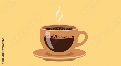 Steaming hot coffee cup on saucer.