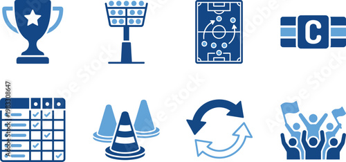 Sports icons set trophies stadiums and training equipment