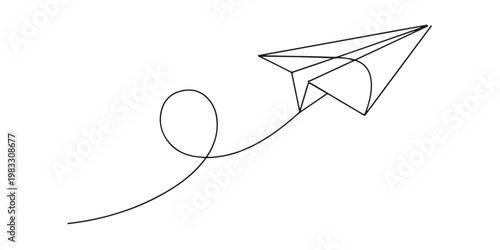 Continuous line art of a paper plane flying with a loop path.
