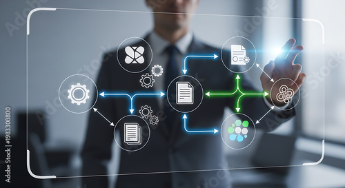 Futuristic AI Technology Interface with Business Data Analytics, Digital Transformation, Fintech Innovation, Smart Automation, Virtual Dashboard and Cloud Computing Concept