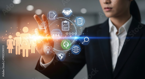 Futuristic AI Technology Interface with Business Data Analytics, Digital Transformation, Fintech Innovation, Smart Automation, Virtual Dashboard and Cloud Computing Concept