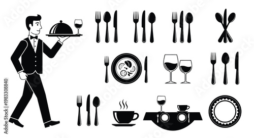 Elegant black and white illustration of a waiter and dining utensils