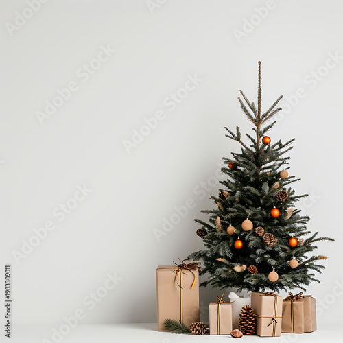 Festive christmas wreath with pine cones and cinnamon sticks on wooden crate