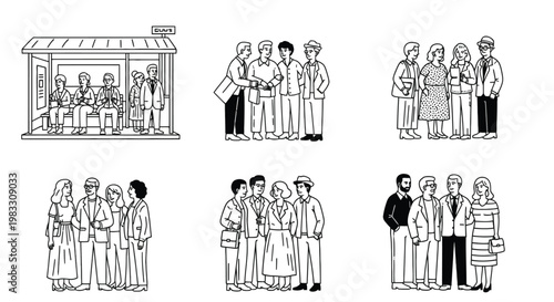 Vintage illustration of diverse groups of people in formal attire