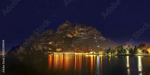 Viewpoint Via Giacomo Maroni at night with starry sky, Riva del Garda, Lake Garda North, Trento, Trentino-Alto Adige, Italy