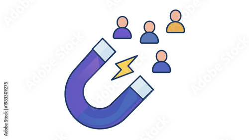 Vector icon illustration of a horseshoe magnet attracting people, representing customer acquisition, lead generation, B2B sales marketing strategy, target audience engagement, and recruitment.