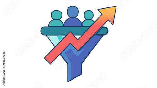 Flat minimalist vector icon illustration of a B2B sales funnel with customer avatars and a rising growth arrow, symbolizing lead conversion, business development, and marketing success.
