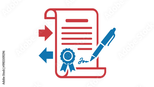 Professional vector icon illustration for B2B sales and client acquisition featuring a signed contract document with a blue pen, wax seal, and directional arrows representing business deals.