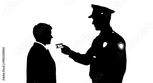 Silhouette of a police officer holding a gun to a person's head in a confrontational stance.