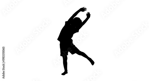 Silhouette of a young person performing a dynamic stretching or dance move with arms raised and body arched.