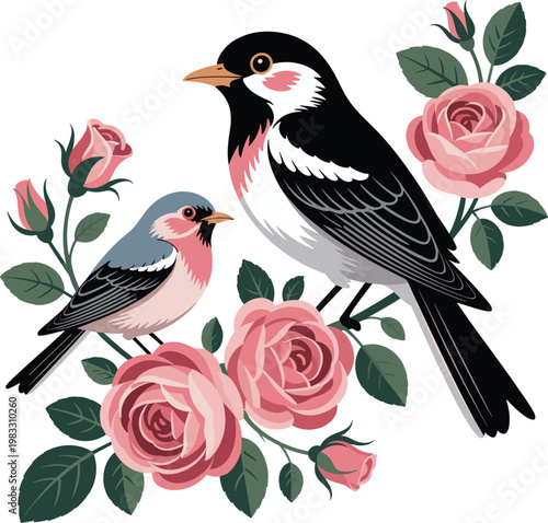 Two Birds Perched on Pink Roses Branches