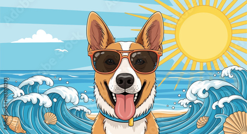 Cartoon dog wearing sunglasses happily.