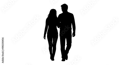 Silhouette of a couple, a man and a woman, walking arm in arm against a white background.