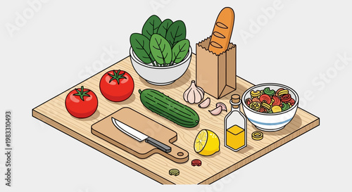 Vegetables and kitchen tools on cutting board.