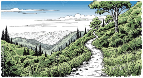 Winding Path Through Green Hillside Landscape.