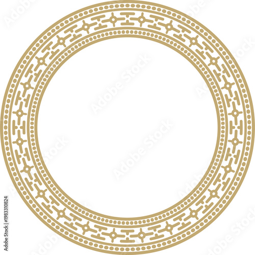 Vector round gold ancient Russian ornament. Slavic border, frame. Circle, ring. Painting of the royal chambers.