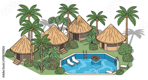 Tropical huts with palm trees.