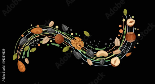 Music notes and colorful abstract shapes.