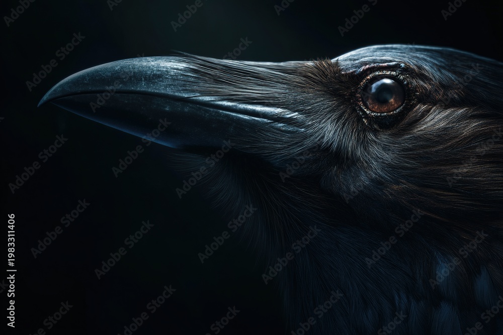 Obraz premium Crow side profile close-up with detailed feathers and dark minimal background