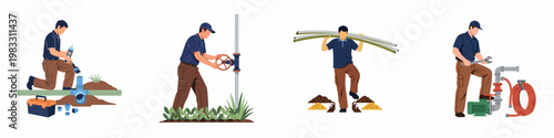 Flat vector illustrations of professional plumbers and irrigation workers performing various outdoor maintenance, installation, and repair tasks on pipes and pump systems.