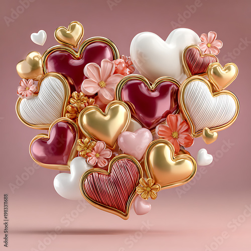 Floating gold and pink heart shapes with pearl and ribbon accents