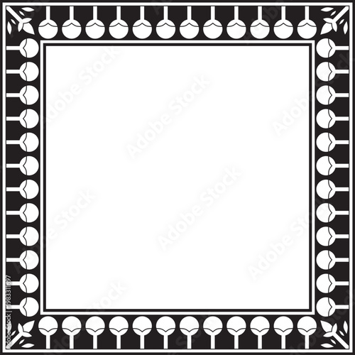 Vector black monochrome square Egyptian ornament. Rectangle, frame, ancient Egypt.Pattern of lotus flowers and sun. Template for stained glass
