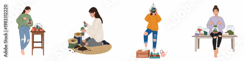 Set of young women caring for plants, planting succulents, and creating DIY indoor terrariums in a minimalist flat illustration style.