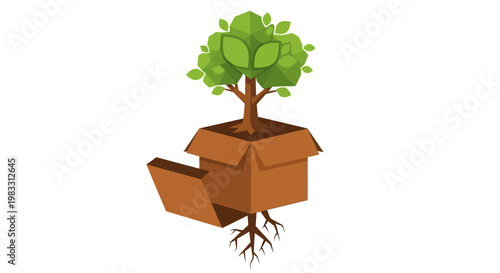 Tree Growing Out of a Cardboard Box with Roots Exposed, Symbolizing Growth and New Beginnings