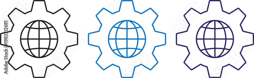 Global gear icon set. Global gear globe vector illustration set showing worldwide settings. Vector icon symbol for website - Icon vector. worldwide network configuration gear symbol
