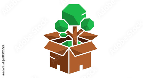 Creative concept of a growing plant inside an open cardboard box, symbolizing business growth and new ideas