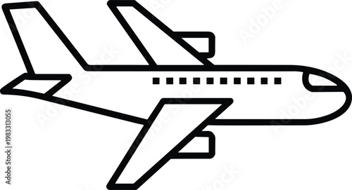 Black and white airplane icon with fuselage, wings, tail fin, and engines, minimalistic design symbolizing aviation, air travel, transportation, and flight