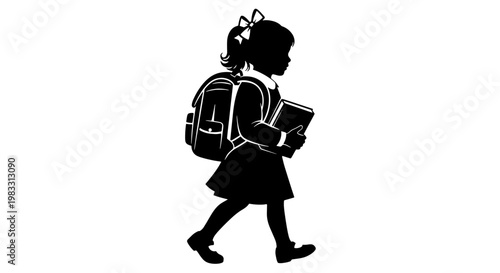 Silhouette of a young schoolgirl with a backpack and books walking.