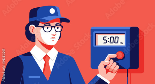 Dedicated employee punching time clock at the end of the workday, illustrating punctuality and commitment in a professional business environment