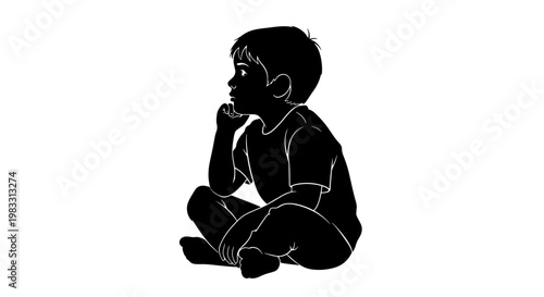 A silhouette of a young boy sitting cross-legged, deep in thought, with his hand on his chin.