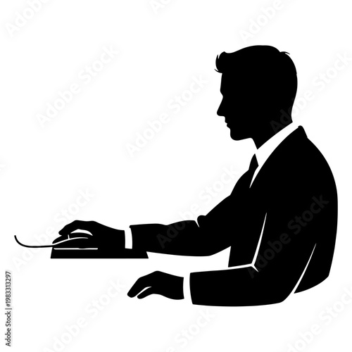 Silhouette of a businessman in a suit using a computer mouse at a desk.